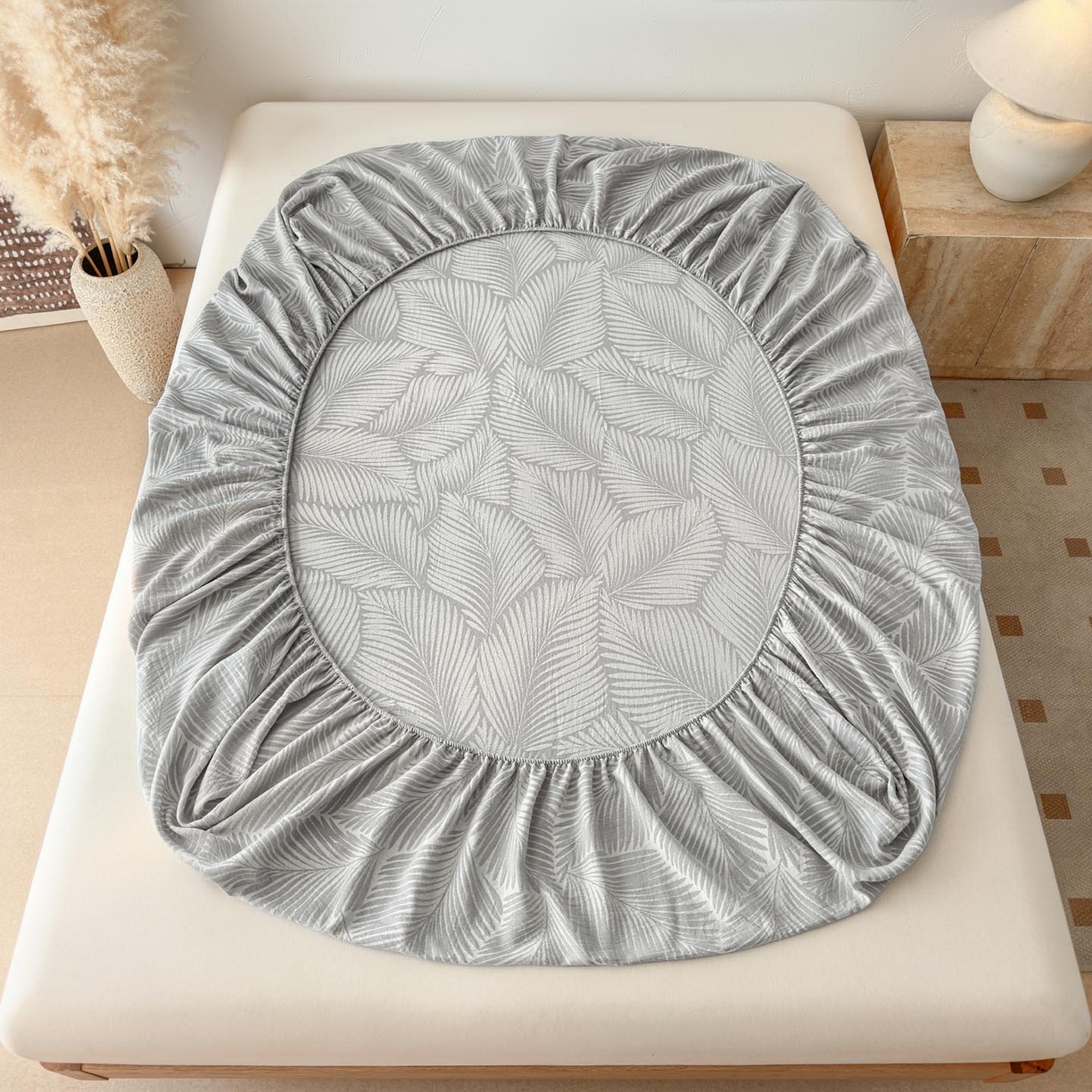 91家纺网 家纺一手货源 找家纺 涵宸家纺 2026新款全棉提花色坊系列单床笠 床笠-叶影-灰