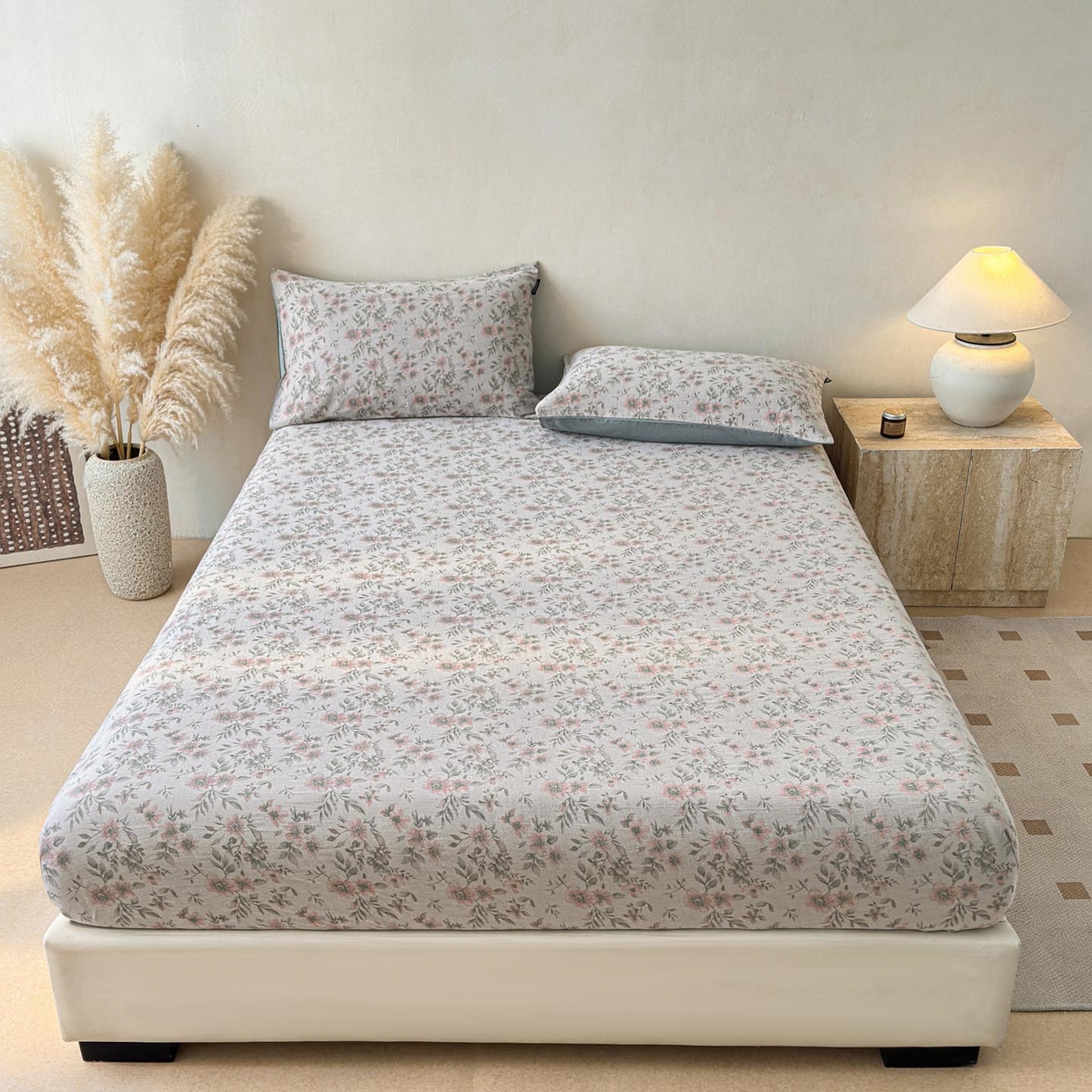 91家纺网 家纺一手货源 找家纺 涵宸家纺 2026新款全棉提花色坊系列单床笠 床笠-素薇-粉绿