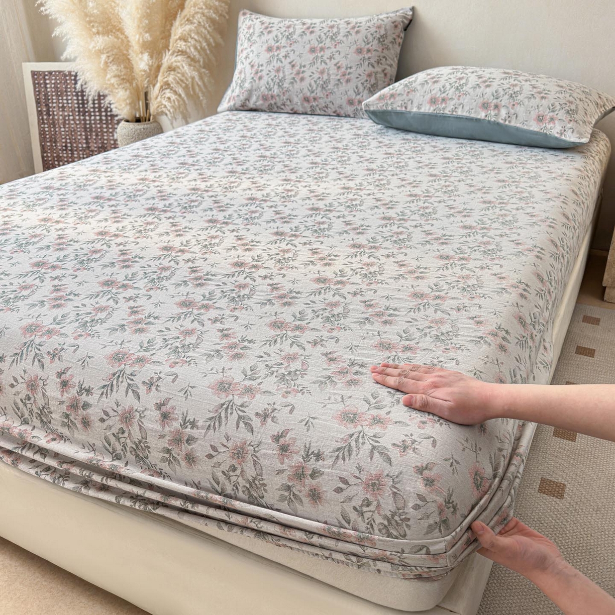 91家纺网 家纺一手货源 找家纺 涵宸家纺 2026新款全棉提花色坊系列单床笠 床笠-素薇-粉绿