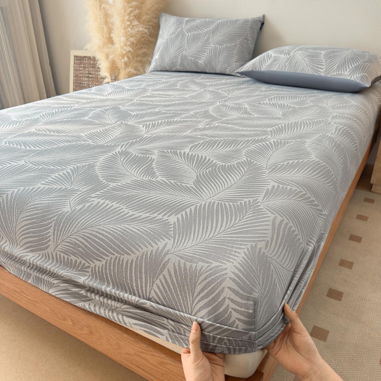 91家纺网 家纺一手货源 找家纺 涵宸家纺 2026新款全棉提花色坊系列单床笠 床笠-叶影-灰