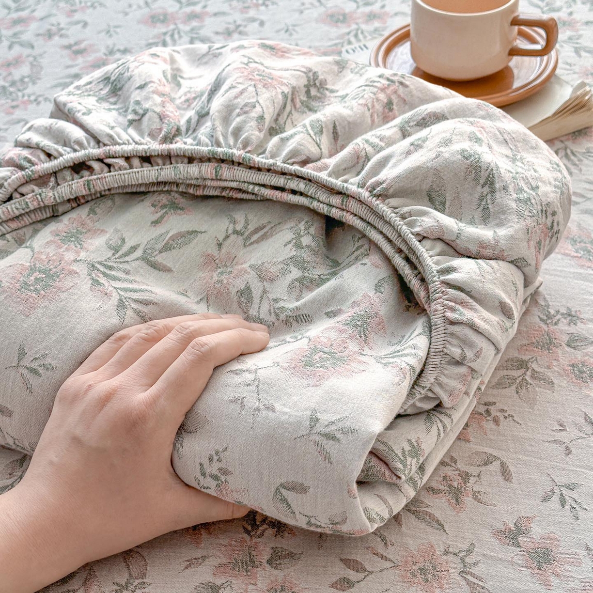 涵宸家纺 2026新款全棉提花色坊系列单床笠 床笠-素薇-粉绿