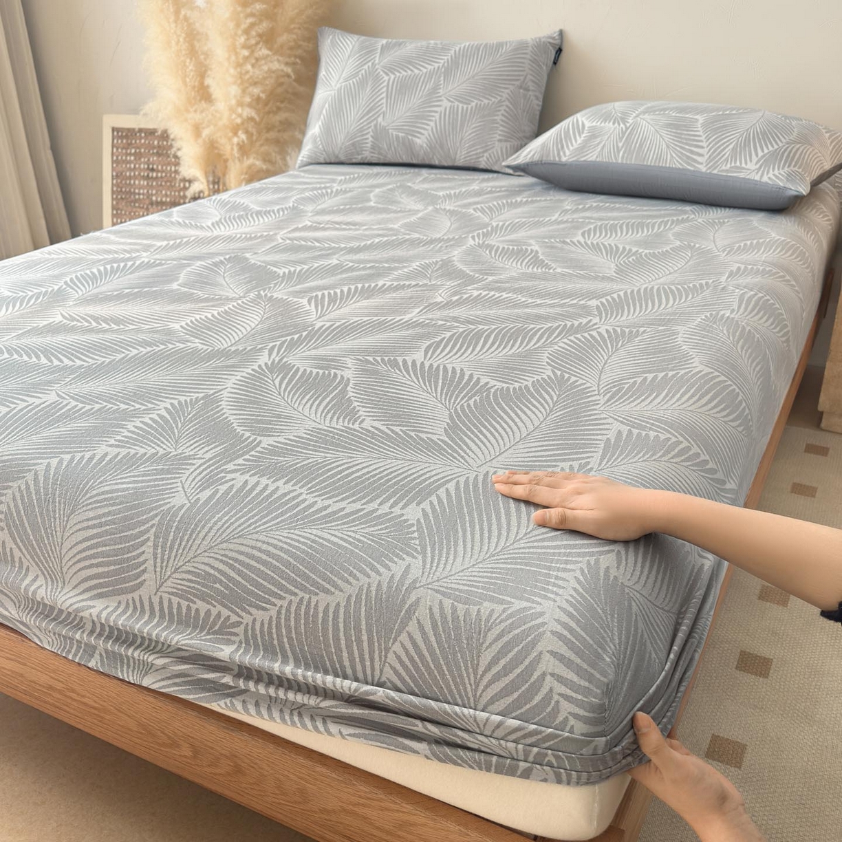 91家纺网 家纺一手货源 找家纺 涵宸家纺 2026新款全棉提花色坊系列单床笠 床笠-叶影-灰