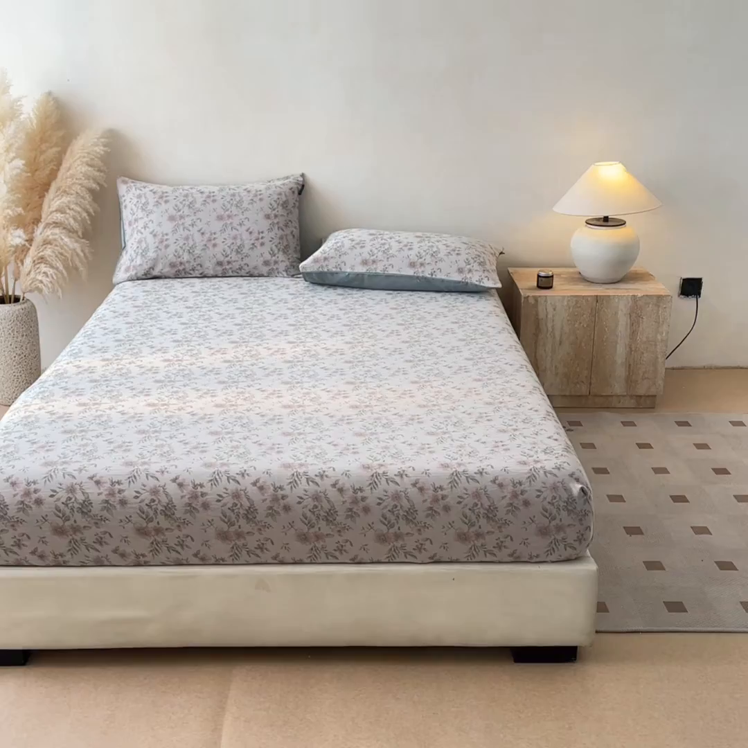 91家纺网 家纺一手货源 找家纺 涵宸家纺 2026新款全棉提花色坊系列单床笠 床笠-素薇-粉绿