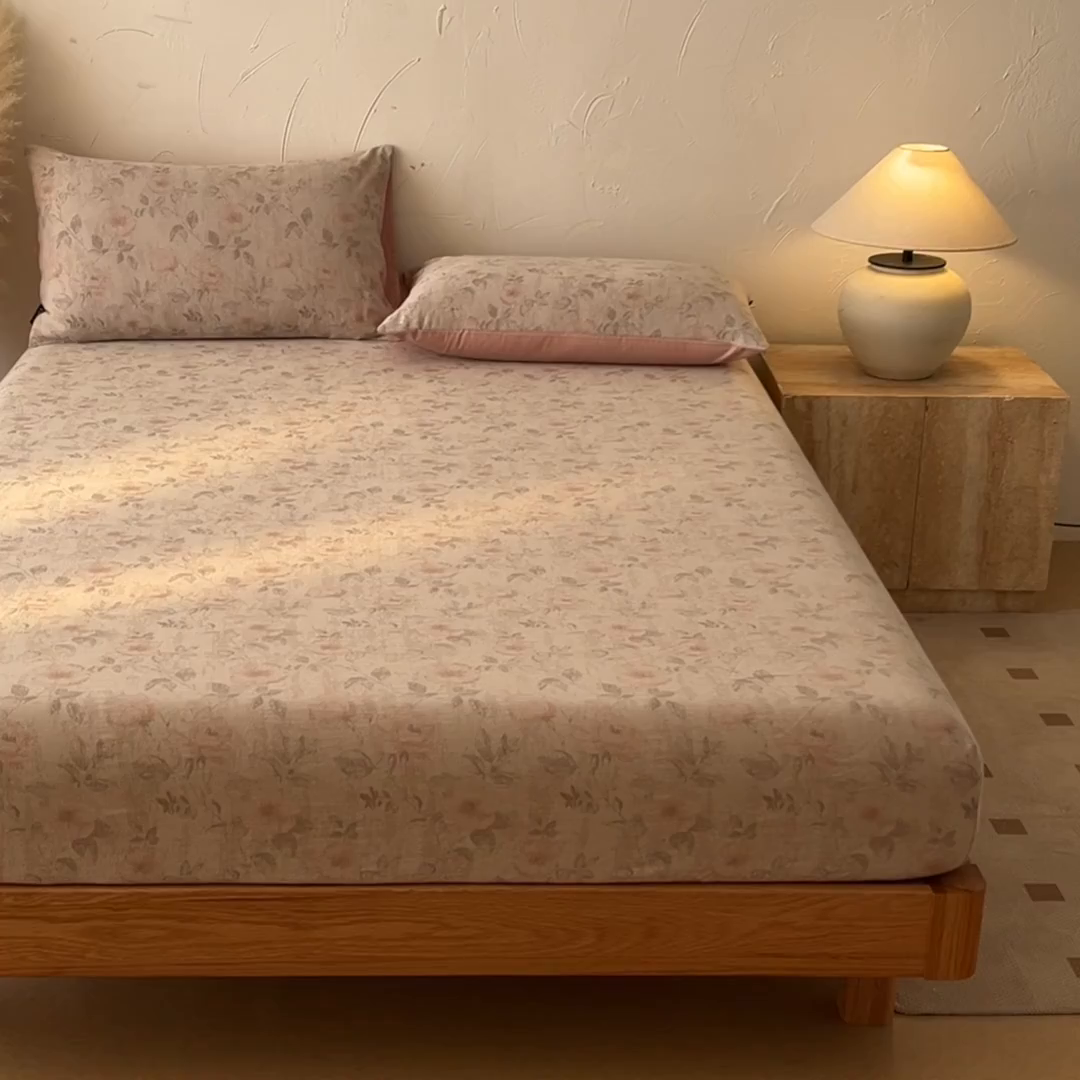 91家纺网 家纺一手货源 找家纺 涵宸家纺 2026新款全棉提花色坊系列单床笠 床笠-繁花盈然-粉