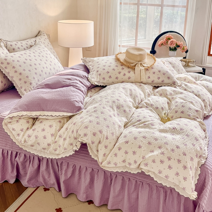 91家纺网 家纺一手货源 找家纺 尚美 2026新款泡芙棉床盖全棉绣花小花韩版四件套 紫玫瑰