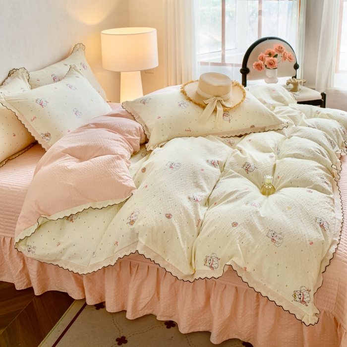 91家纺网 家纺一手货源 找家纺 尚美 2026新款泡芙棉床盖全棉绣花小花韩版四件套 猫世界