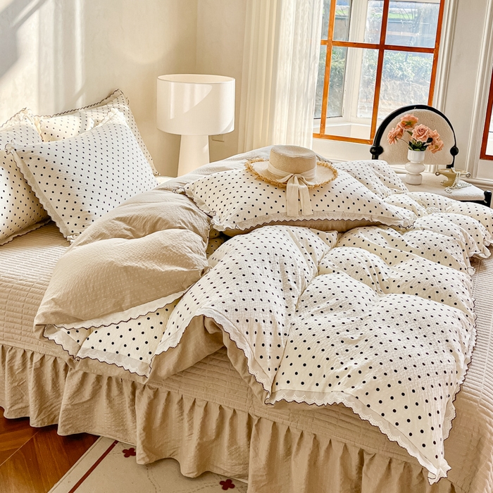 91家纺网 家纺一手货源 找家纺 尚美 2026新款泡芙棉床盖全棉绣花小花韩版四件套 米波点