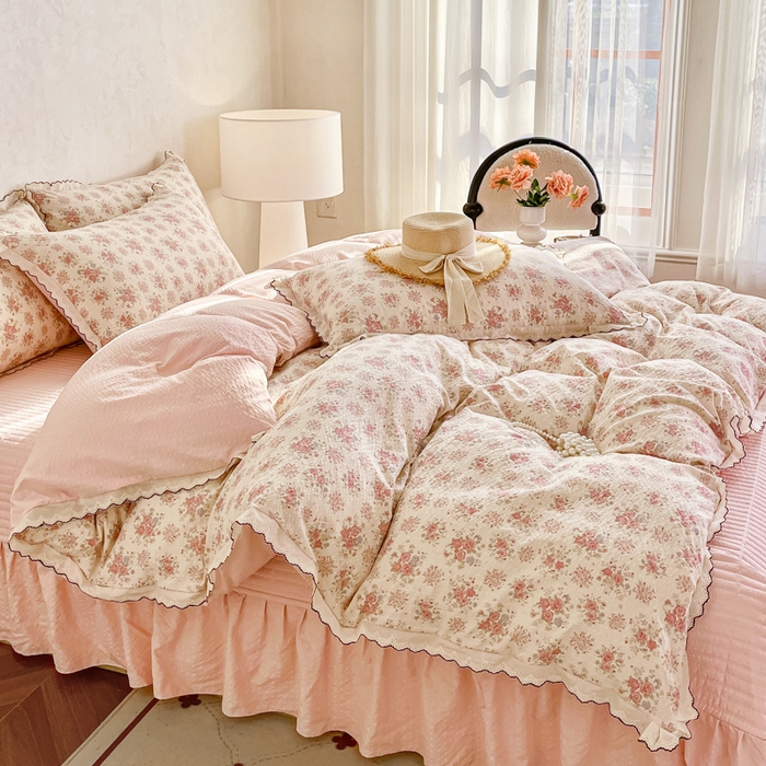 91家纺网 家纺一手货源 找家纺 尚美 2026新款泡芙棉床盖全棉绣花小花韩版四件套 槐花落