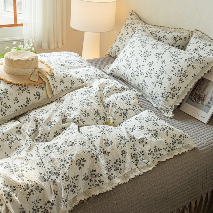 91家纺网 家纺一手货源 找家纺 尚美 2026新款泡芙棉床盖全棉绣花小花韩版四件套 彩绘玫瑰