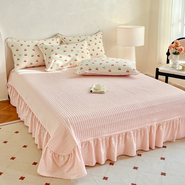 91家纺网 家纺一手货源 找家纺 尚美 2026新款泡芙棉床盖全棉绣花小花韩版四件套 樱桃红