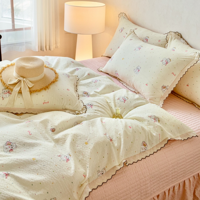 91家纺网 家纺一手货源 找家纺 尚美 2026新款泡芙棉床盖全棉绣花小花韩版四件套 猫世界