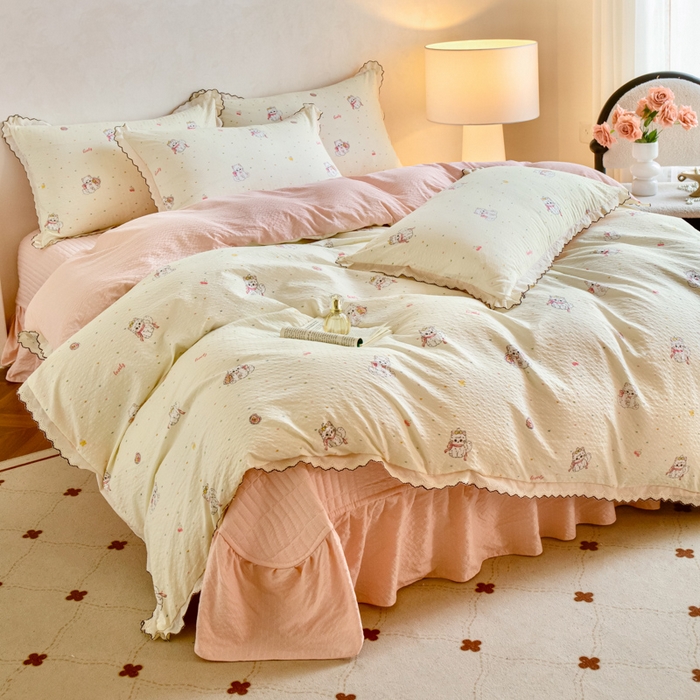 91家纺网 家纺一手货源 找家纺 尚美 2026新款泡芙棉床盖全棉绣花小花韩版四件套 猫世界