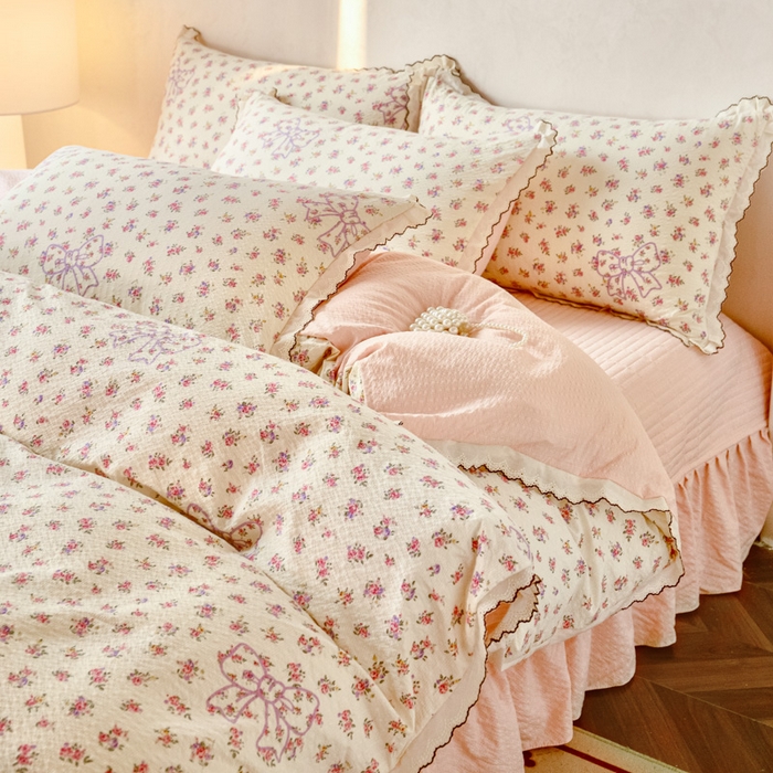 91家纺网 家纺一手货源 找家纺 尚美 2026新款泡芙棉床盖全棉绣花小花韩版四件套 蝴蝶结