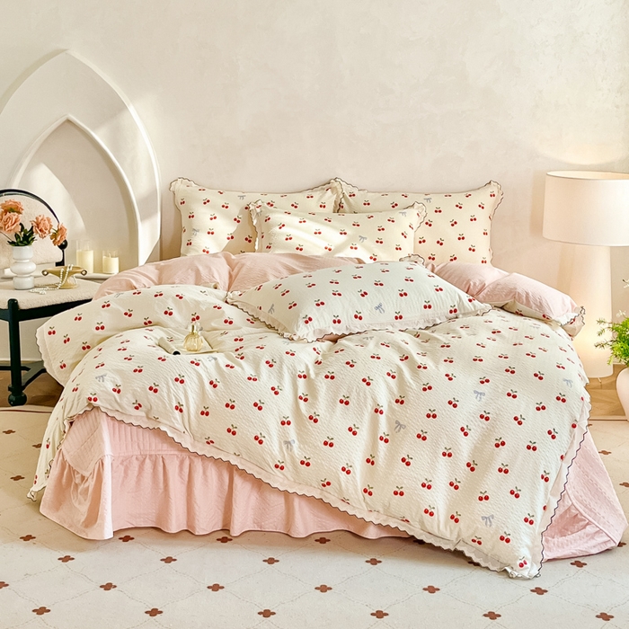 91家纺网 家纺一手货源 找家纺 尚美 2026新款泡芙棉床盖全棉绣花小花韩版四件套 樱桃红