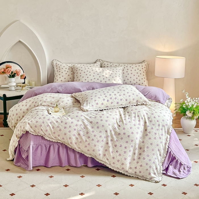 91家纺网 家纺一手货源 找家纺 尚美 2026新款泡芙棉床盖全棉绣花小花韩版四件套 紫玫瑰