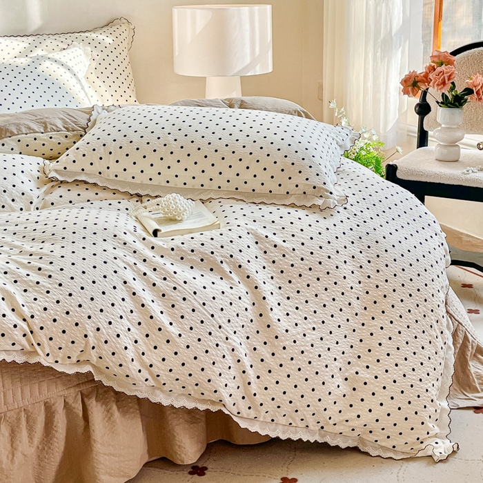 91家纺网 家纺一手货源 找家纺 尚美 2026新款泡芙棉床盖全棉绣花小花韩版四件套 米波点