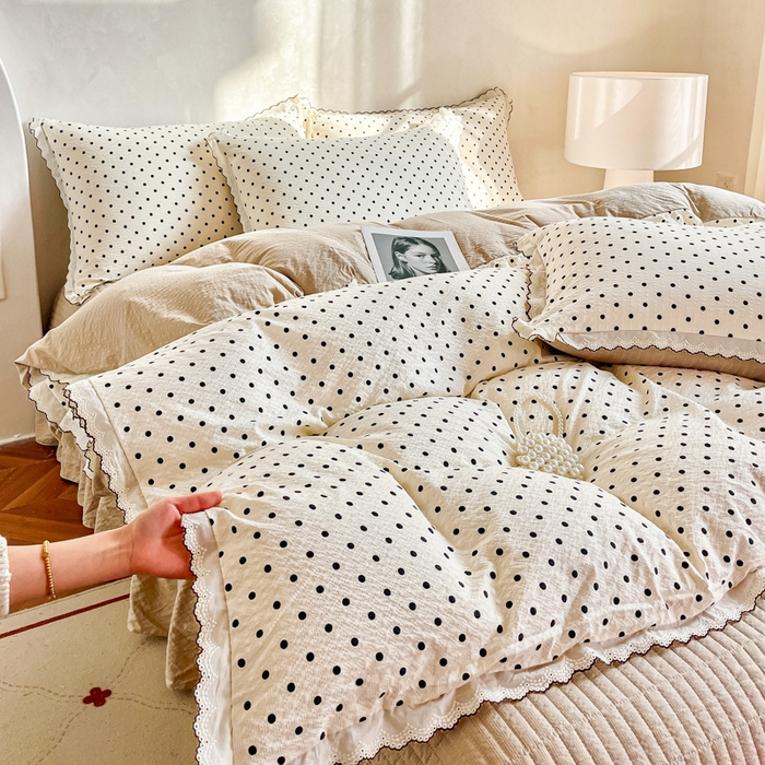 91家纺网 家纺一手货源 找家纺 尚美 2026新款泡芙棉床盖全棉绣花小花韩版四件套 米波点