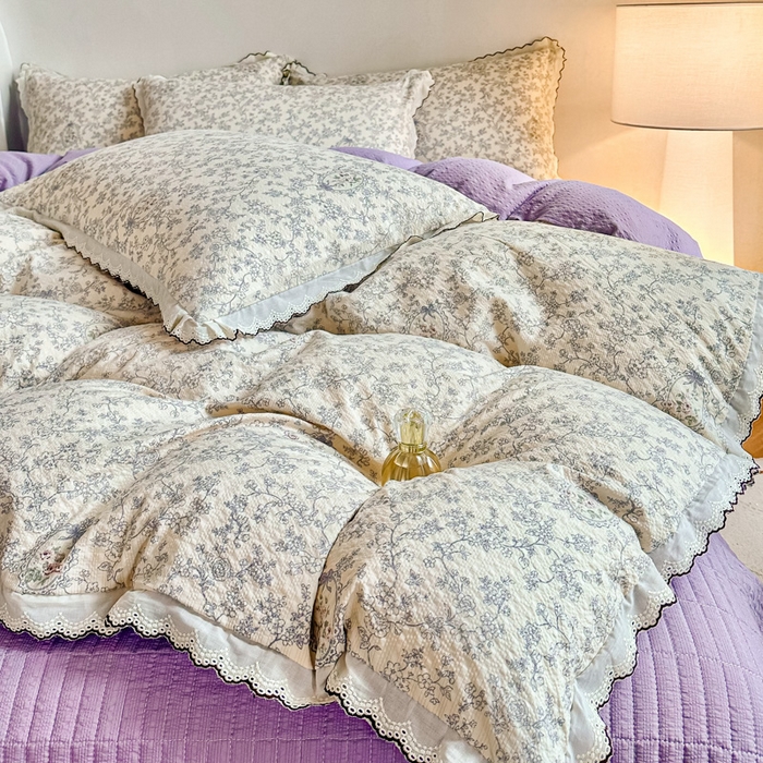 91家纺网 家纺一手货源 找家纺 尚美 2026新款泡芙棉床盖全棉绣花小花韩版四件套 紫薇花季