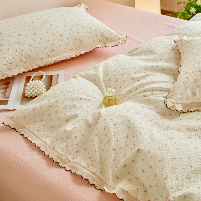 91家纺网 家纺一手货源 找家纺 尚美 2026新款泡芙棉床盖全棉绣花小花韩版四件套 爱情花