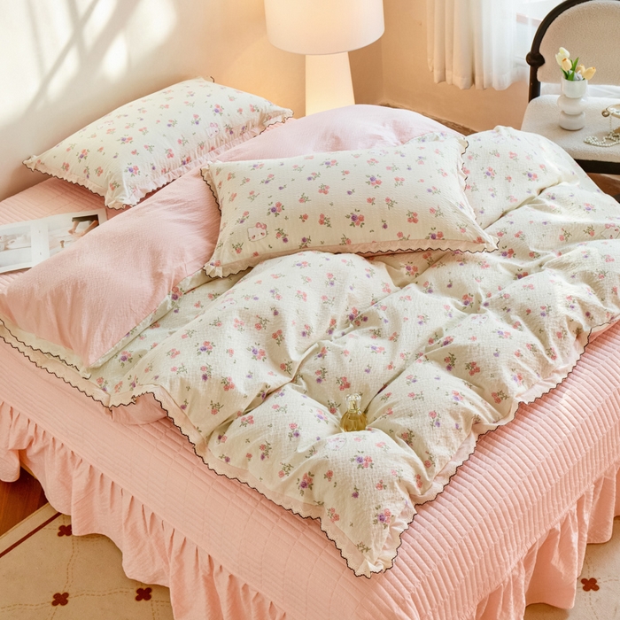 91家纺网 家纺一手货源 找家纺 尚美 2026新款泡芙棉床盖全棉绣花小花韩版四件套 花絮猫咪