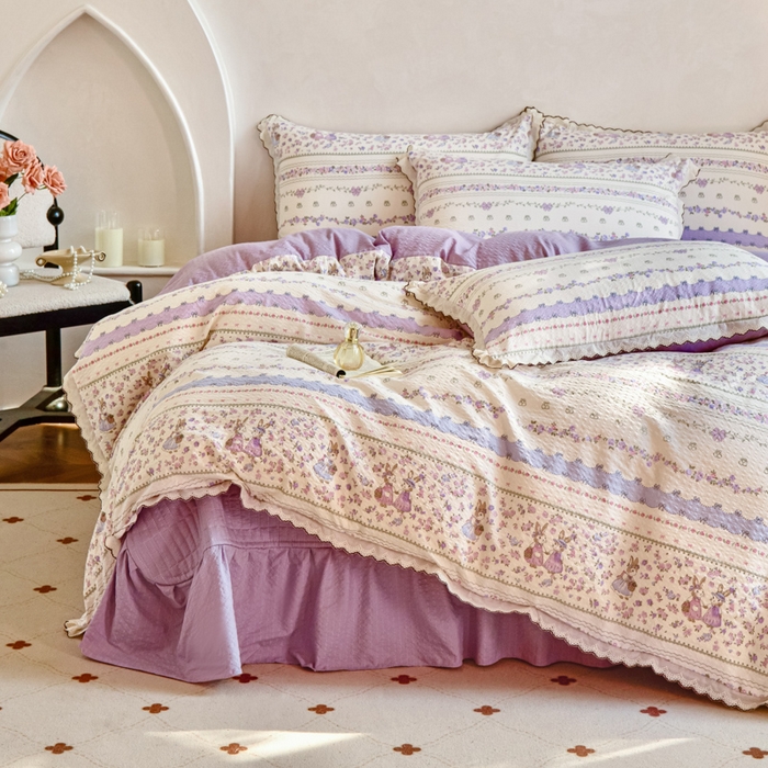 91家纺网 家纺一手货源 找家纺 尚美 2026新款泡芙棉床盖全棉绣花小花韩版四件套 紫色天空
