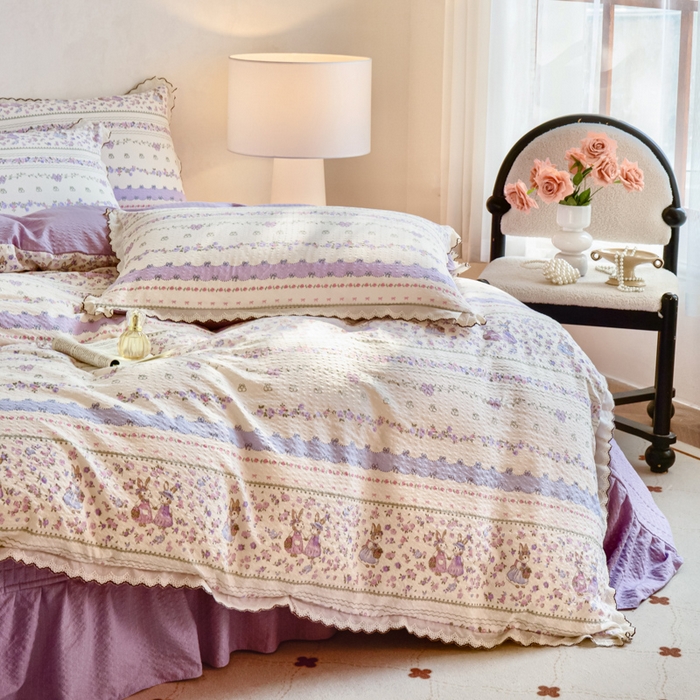 91家纺网 家纺一手货源 找家纺 尚美 2026新款泡芙棉床盖全棉绣花小花韩版四件套 紫色天空