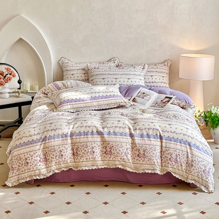 91家纺网 家纺一手货源 找家纺 尚美 2026新款泡芙棉床盖全棉绣花小花韩版四件套 紫色天空