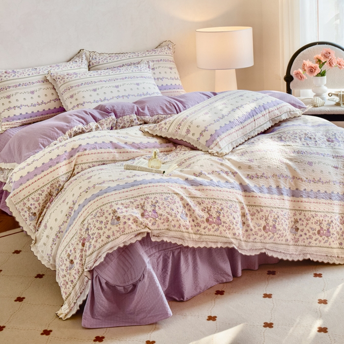 91家纺网 家纺一手货源 找家纺 尚美 2026新款泡芙棉床盖全棉绣花小花韩版四件套 紫色天空