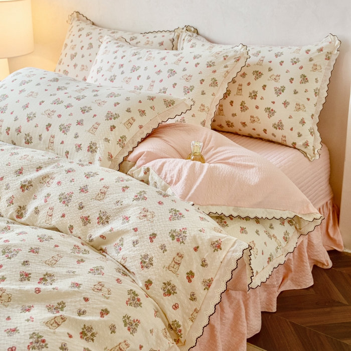 91家纺网 家纺一手货源 找家纺 尚美 2026新款泡芙棉床盖全棉绣花小花韩版四件套 幸福兔园