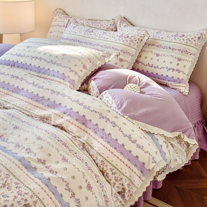 91家纺网 家纺一手货源 找家纺 尚美 2026新款泡芙棉床盖全棉绣花小花韩版四件套 紫色天空