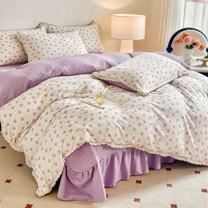 91家纺网 家纺一手货源 找家纺 尚美 2026新款泡芙棉床盖全棉绣花小花韩版四件套 紫玫瑰