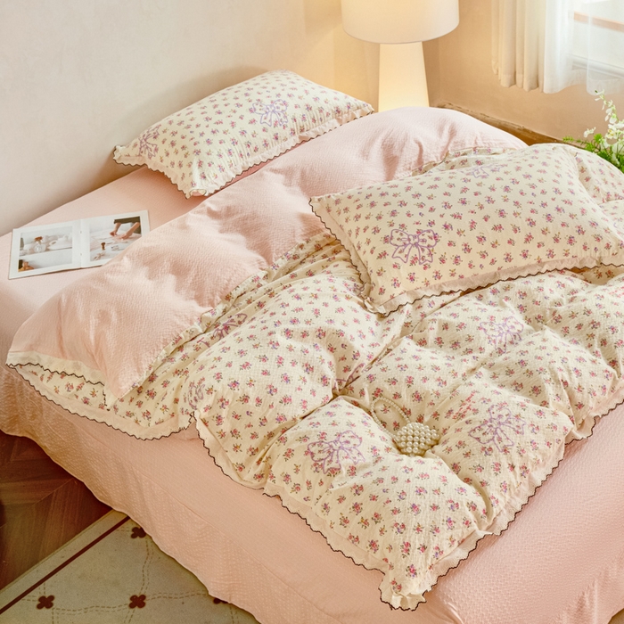 91家纺网 家纺一手货源 找家纺 尚美 2026新款泡芙棉床盖全棉绣花小花韩版四件套 蝴蝶结