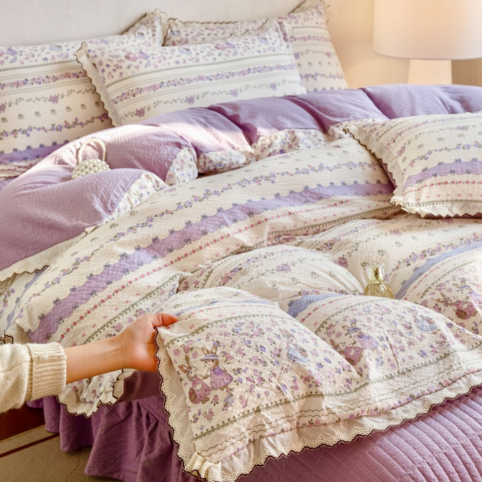 91家纺网 家纺一手货源 找家纺 尚美 2026新款泡芙棉床盖全棉绣花小花韩版四件套 紫色天空