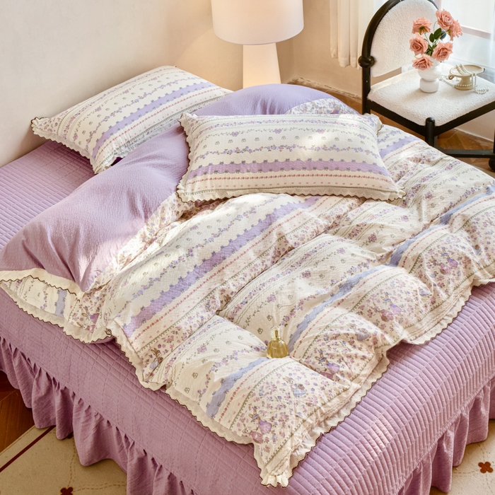 91家纺网 家纺一手货源 找家纺 尚美 2026新款泡芙棉床盖全棉绣花小花韩版四件套 紫色天空