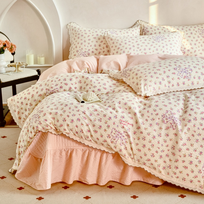 91家纺网 家纺一手货源 找家纺 尚美 2026新款泡芙棉床盖全棉绣花小花韩版四件套 蝴蝶结