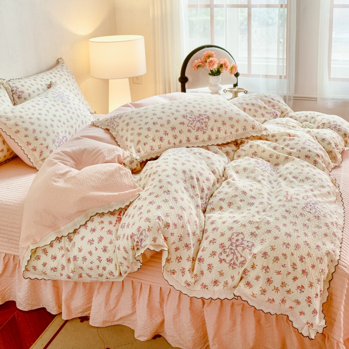 尚美 2026新款泡芙棉床盖全棉绣花小花韩版四件套 蝴蝶结