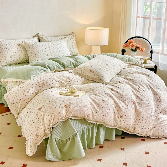 91家纺网 家纺一手货源 找家纺 尚美 2026新款泡芙棉床盖全棉绣花小花韩版四件套 木马