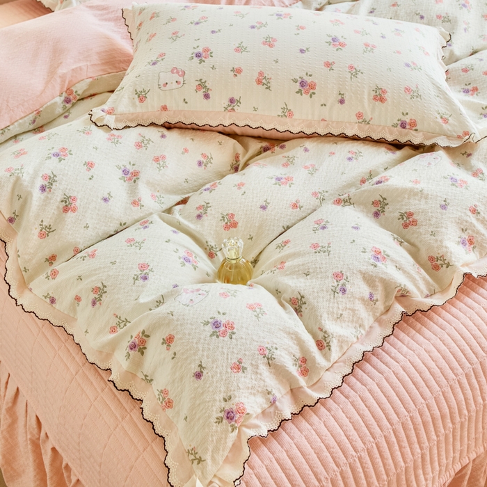 91家纺网 家纺一手货源 找家纺 尚美 2026新款泡芙棉床盖全棉绣花小花韩版四件套 花絮猫咪