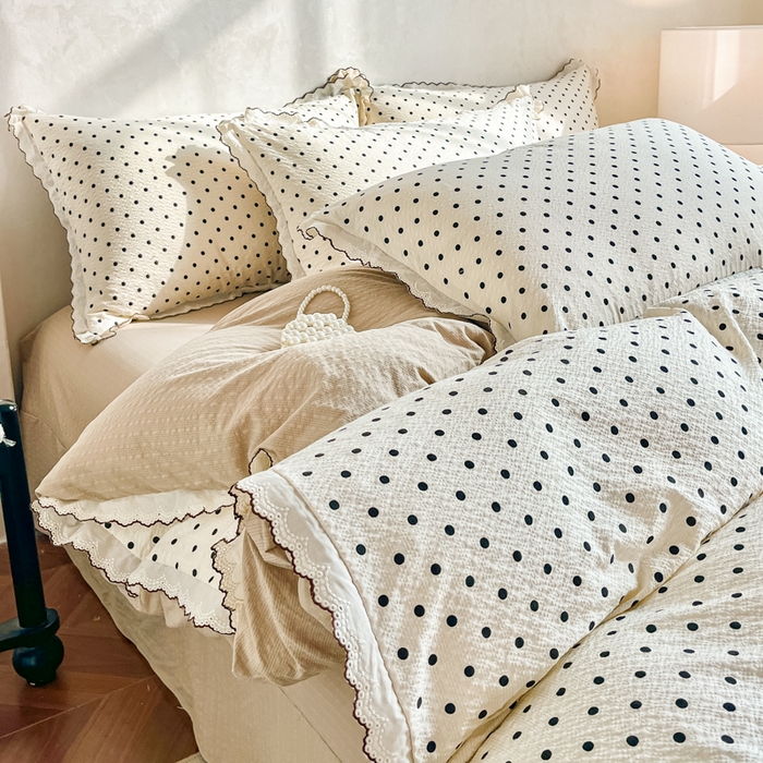 91家纺网 家纺一手货源 找家纺 尚美 2026新款泡芙棉床盖全棉绣花小花韩版四件套 米波点