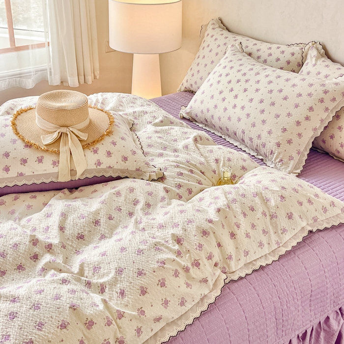 91家纺网 家纺一手货源 找家纺 尚美 2026新款泡芙棉床盖全棉绣花小花韩版四件套 紫玫瑰