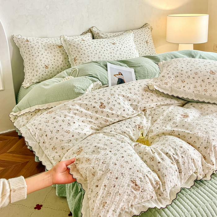 91家纺网 家纺一手货源 找家纺 尚美 2026新款泡芙棉床盖全棉绣花小花韩版四件套 木马