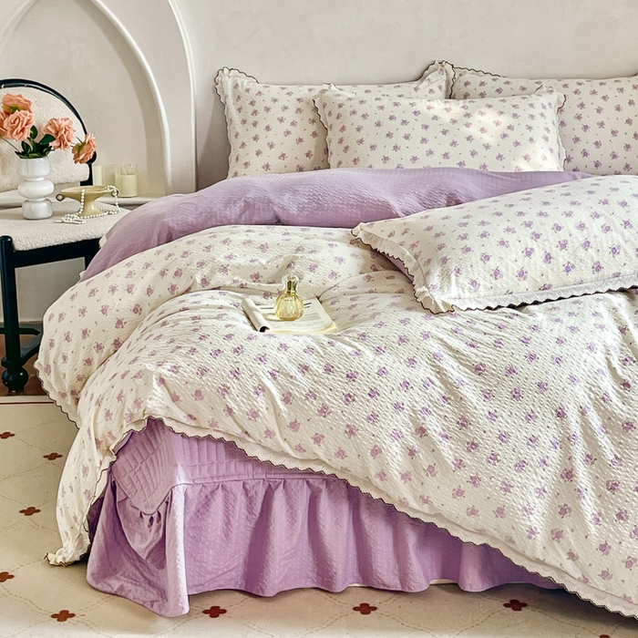 91家纺网 家纺一手货源 找家纺 尚美 2026新款泡芙棉床盖全棉绣花小花韩版四件套 紫玫瑰