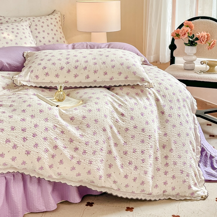 91家纺网 家纺一手货源 找家纺 尚美 2026新款泡芙棉床盖全棉绣花小花韩版四件套 紫玫瑰