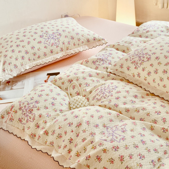91家纺网 家纺一手货源 找家纺 尚美 2026新款泡芙棉床盖全棉绣花小花韩版四件套 蝴蝶结