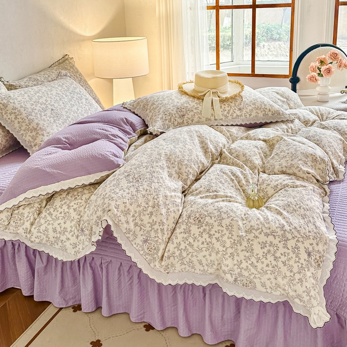 尚美 2026新款泡芙棉床盖全棉绣花小花韩版四件套 紫薇花季