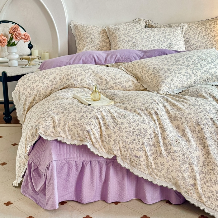 91家纺网 家纺一手货源 找家纺 尚美 2026新款泡芙棉床盖全棉绣花小花韩版四件套 紫薇花季