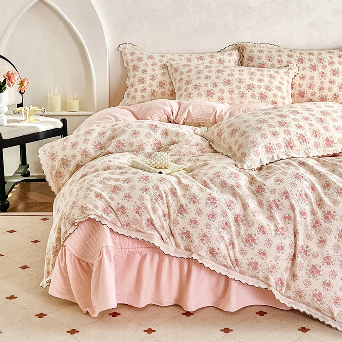 91家纺网 家纺一手货源 找家纺 尚美 2026新款泡芙棉床盖全棉绣花小花韩版四件套 槐花落