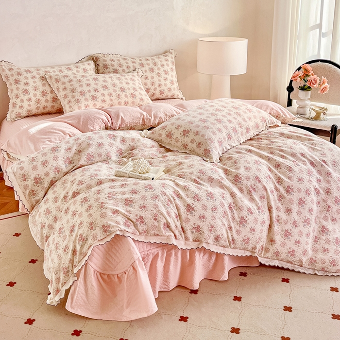 91家纺网 家纺一手货源 找家纺 尚美 2026新款泡芙棉床盖全棉绣花小花韩版四件套 槐花落