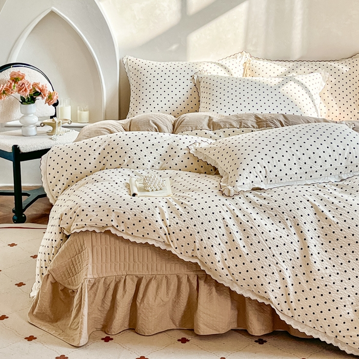 91家纺网 家纺一手货源 找家纺 尚美 2026新款泡芙棉床盖全棉绣花小花韩版四件套 米波点