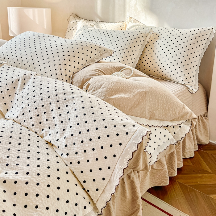 91家纺网 家纺一手货源 找家纺 尚美 2026新款泡芙棉床盖全棉绣花小花韩版四件套 米波点